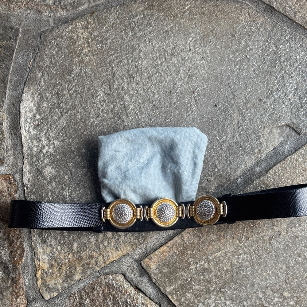 Judith Leiber Black Leather Belt with Silver Script Vintage